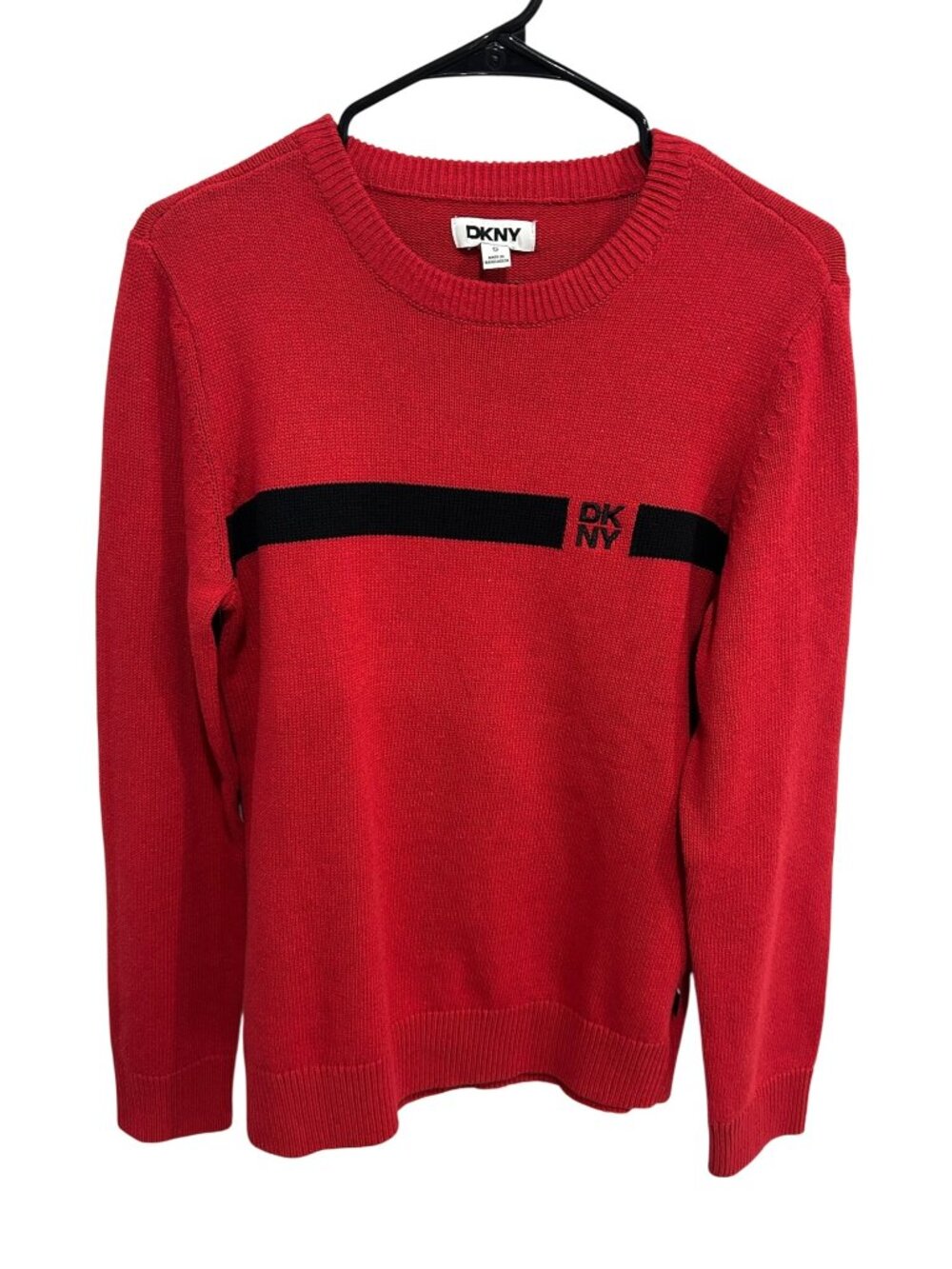 DKNY Small Red Crewneck Logo Sweater Black Stripe Womens Streetwear Casual